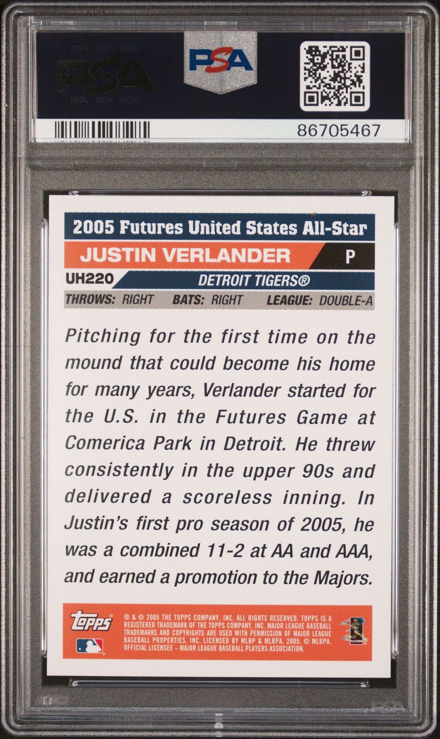Graded 2005 Topps Justin Verlander #UH220 Updates & Highlights Rookie RC Baseball Card PSA 10 Gem Mint