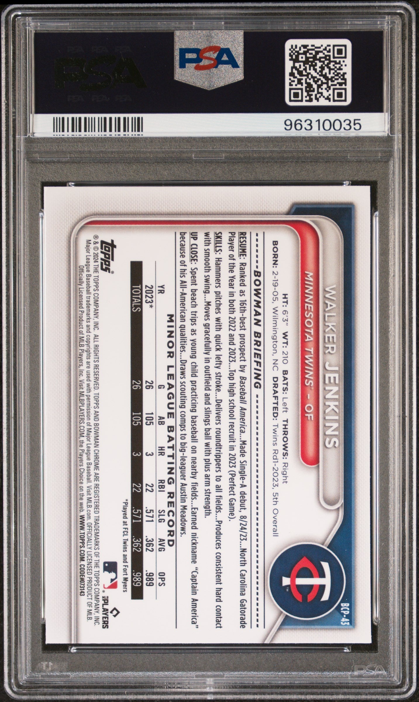 Graded 2024 Topps Bowman Walker Jenkins #BCP43 Chrome Prospects Rookie RC Baseball Card PSA 10 Gem Mint