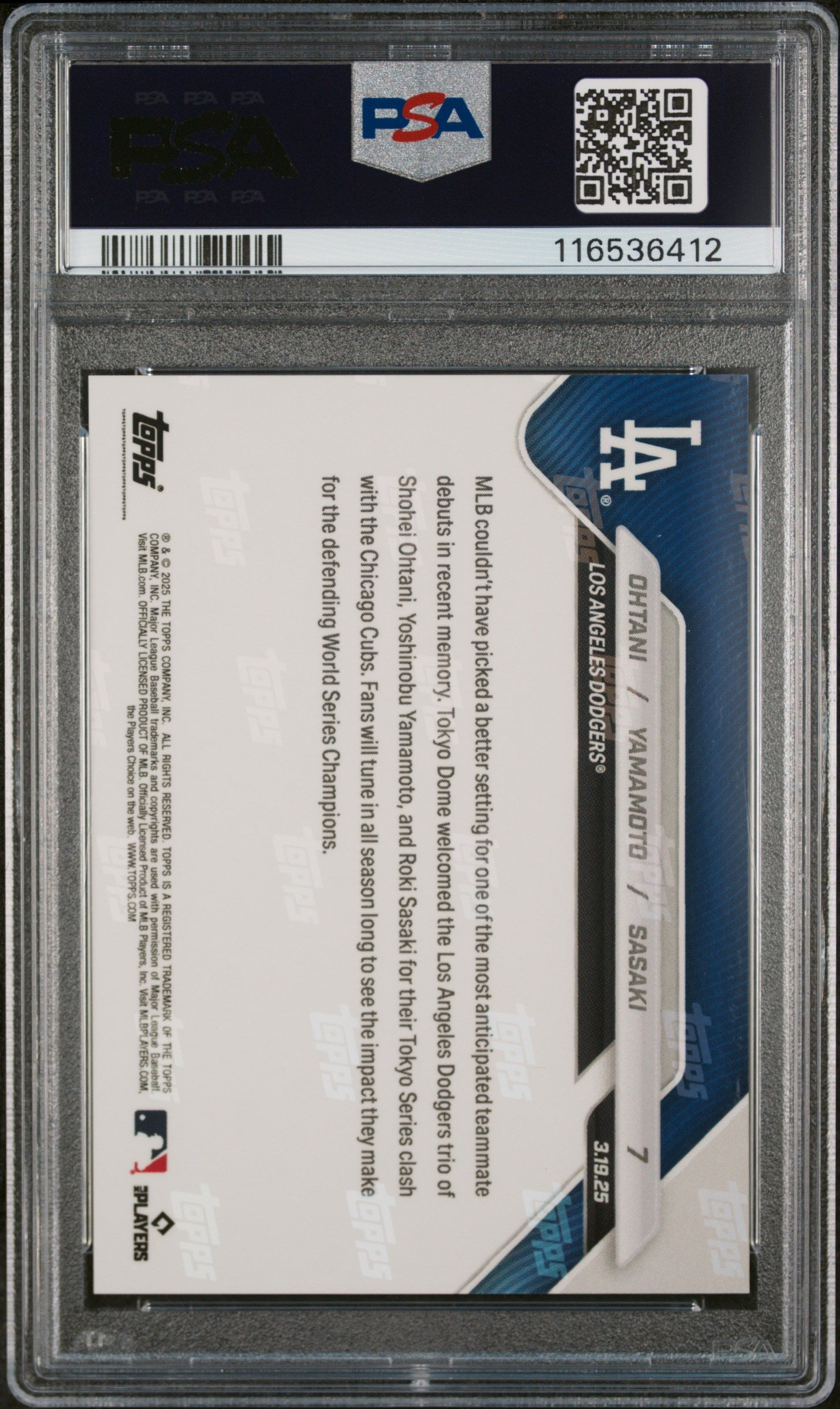 Graded 2025 Topps Now Shohei Ohtani/Yoshinobu Yamamoto/Roki Sasaki #7 Baseball Card PSA 10 Gem Mint
