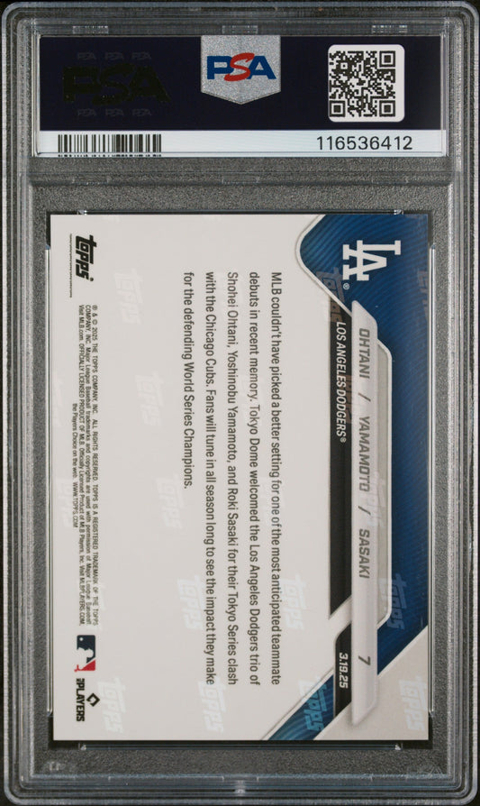 Graded 2025 Topps Now Shohei Ohtani/Yoshinobu Yamamoto/Roki Sasaki #7 Baseball Card PSA 10 Gem Mint
