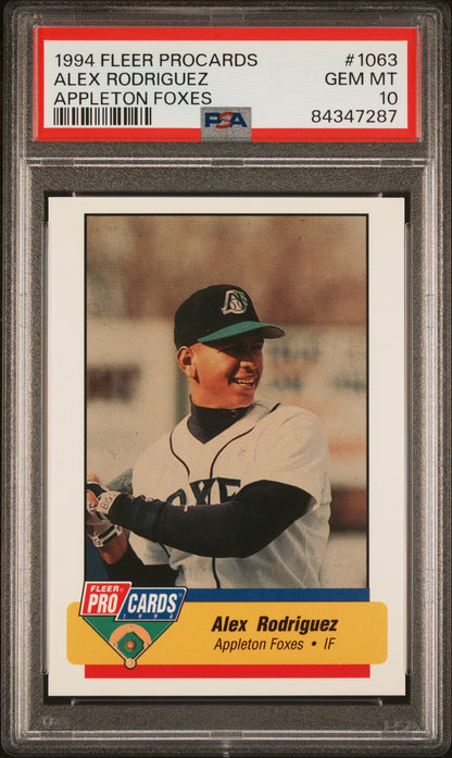 Graded 1994 Fleer Procards Alex Rodriguez #1063 Appleton Foxes Rookie RC Baseball Card PSA 10 Gem Mint