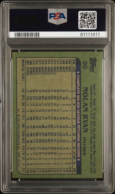 Graded 1982 Topps Nolan Ryan #90 Baseball Card PSA 9 Mint