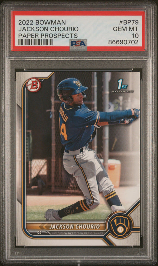 Graded 2022 Topps Bowman Jackson Chourio #BP79 Paper Prospects Rookie RC Baseball Card PSA 10 Gem Mint