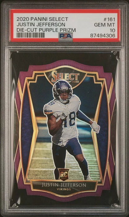 Graded 2020 Panini Select Justin Jefferson #161 Die Cut Purple Prizm Rookie RC Football Card PSA 10 Gem Mint
