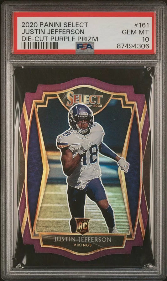 Graded 2020 Panini Select Justin Jefferson #161 Die Cut Purple Prizm Rookie RC Football Card PSA 10 Gem Mint