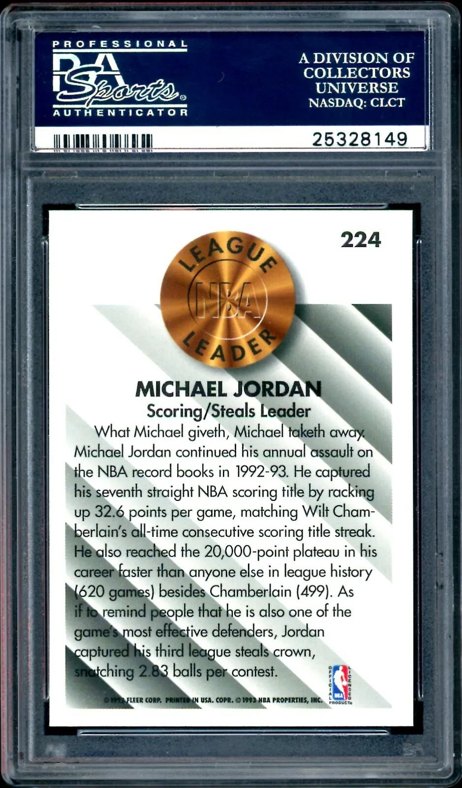 Graded 1993 Fleer Michael Jordan #224 Basketball Card PSA 10 Gem Mint