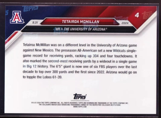 2024 Topps Bowman U Now Tetairoa McMillan #4 Blue #/49 Arizona Wildcats Football Card