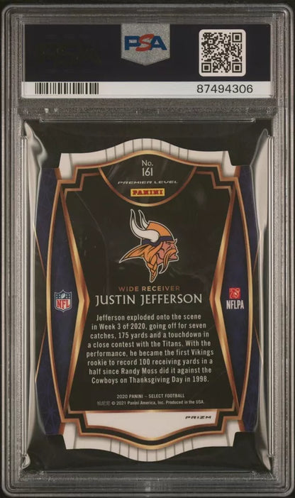 Graded 2020 Panini Select Justin Jefferson #161 Die Cut Purple Prizm Rookie RC Football Card PSA 10 Gem Mint