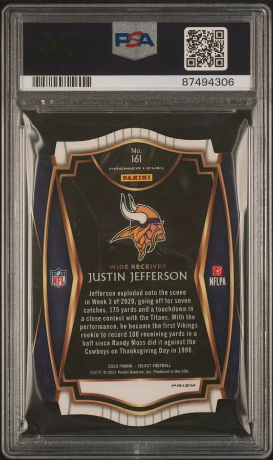 Graded 2020 Panini Select Justin Jefferson #161 Die Cut Purple Prizm Rookie RC Football Card PSA 10 Gem Mint