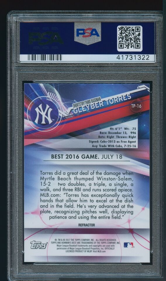 Graded 2017 Topps Bowmans Best Gleyber Torres #TP16 Top Prospects Refractor Rookie RC Baseball Card PSA 10 Gem Mint