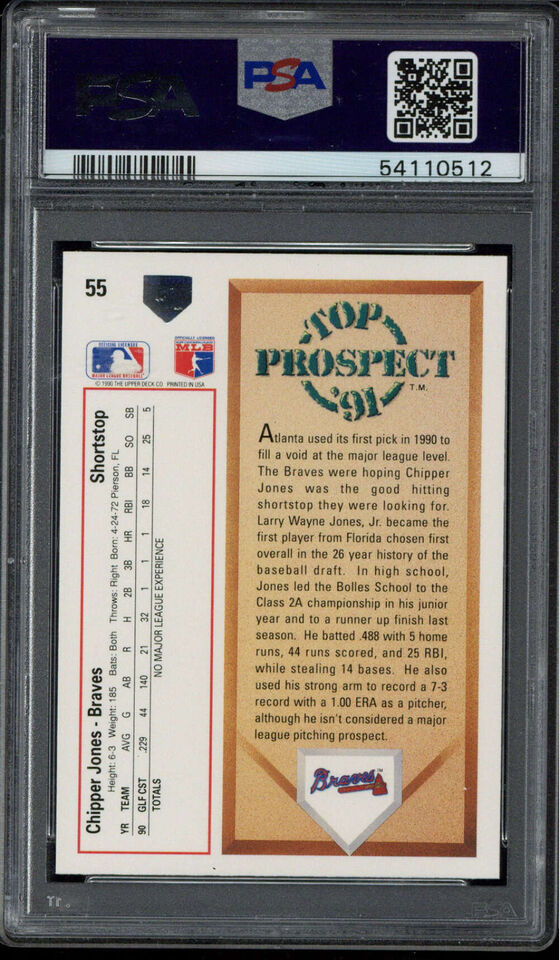Graded 1991 Upper Deck Chipper Jones #55 Rookie RC Baseball Card PSA 10 Gem Mint