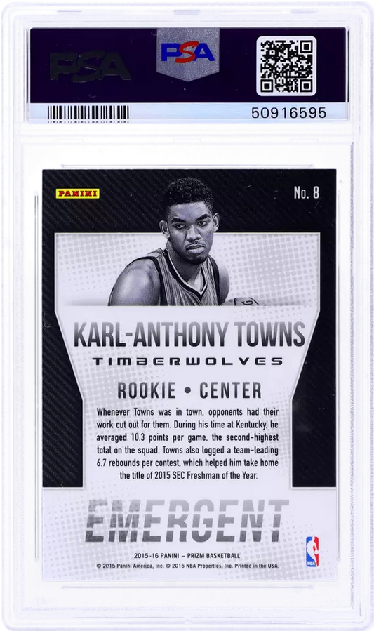 Graded 2015-16 Panini Prizm Karl-Anthony Towns #8 Emergent Rookie RC Basketball Card PSA 10 Gem Mint