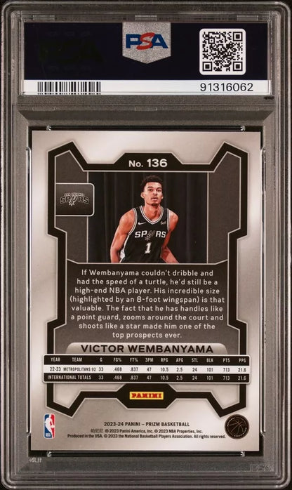 Graded 2023 Panini Prizm Victor Wembanyama #136 Rookie RC Basketball Card PSA 9 Mint