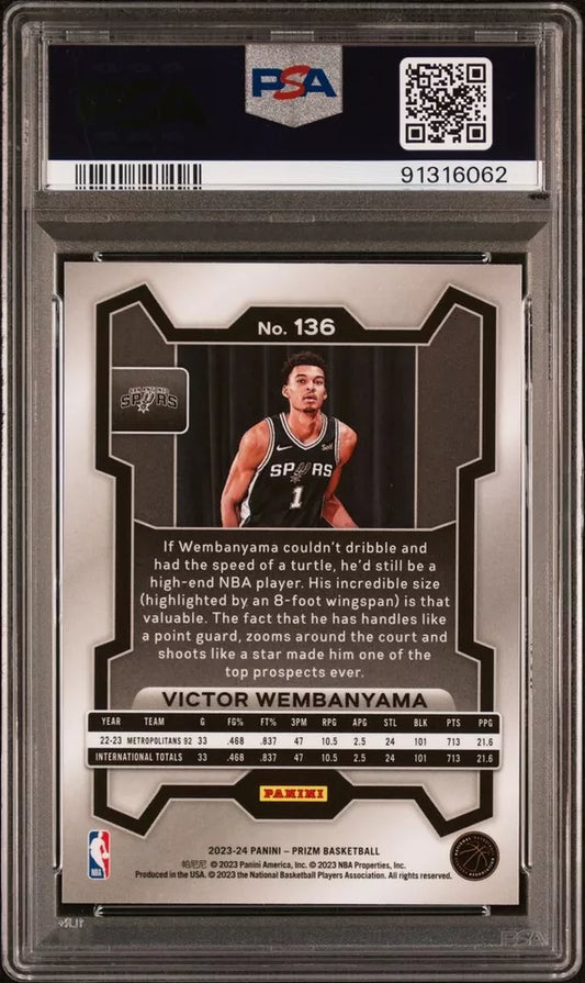 Graded 2023 Panini Prizm Victor Wembanyama #136 Rookie RC Basketball Card PSA 9 Mint
