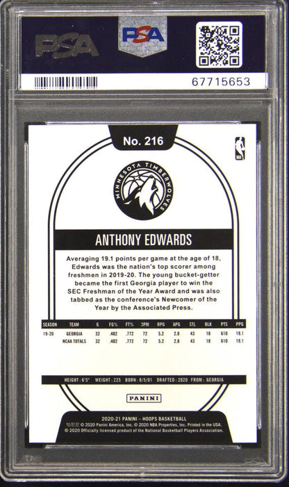 Graded 2020-21 Panini Hoops Anthony Edwards #216 Blue Rookie RC Basketball Card PSA 10 Gem Mint
