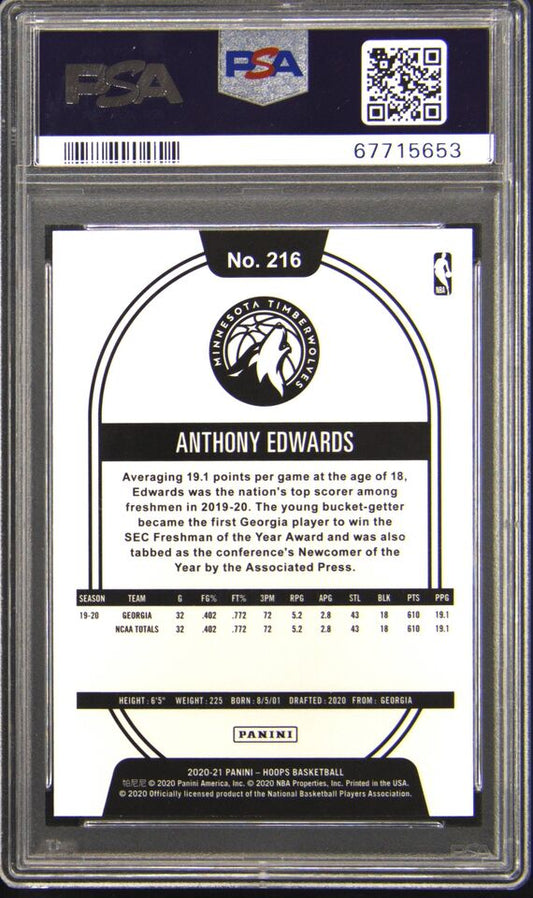 Graded 2020-21 Panini Hoops Anthony Edwards #216 Blue Rookie RC Basketball Card PSA 10 Gem Mint