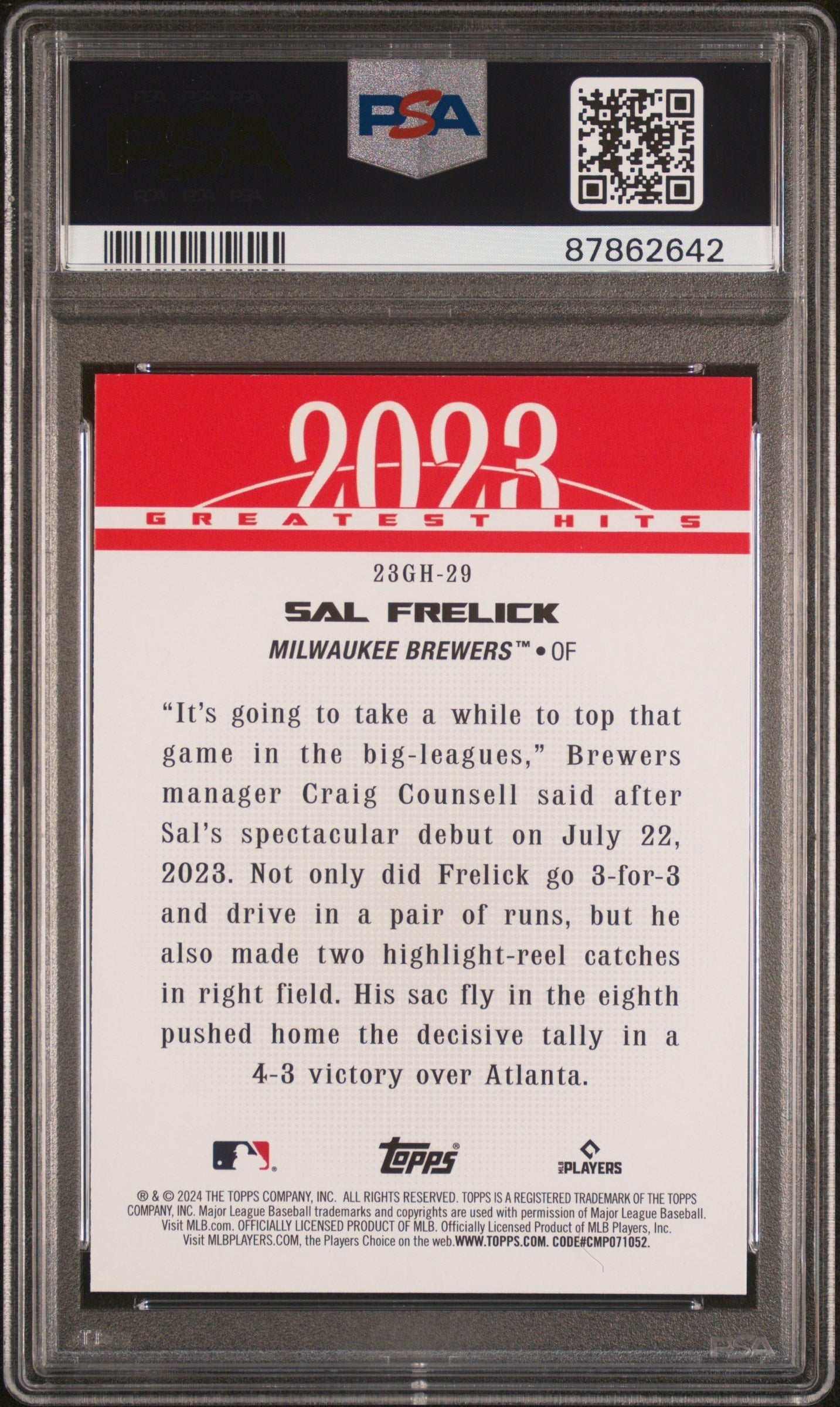 Graded 2024 Topps Sal Frelick #23GH29 2023 Greatest Hits Rookie RC Baseball Card PSA 10 Gem Mint