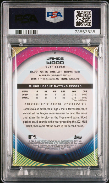 Graded 2022 Topps Bowman Inception James Wood #10 Rookie RC Baseball Card PSA 10 Gem Mint