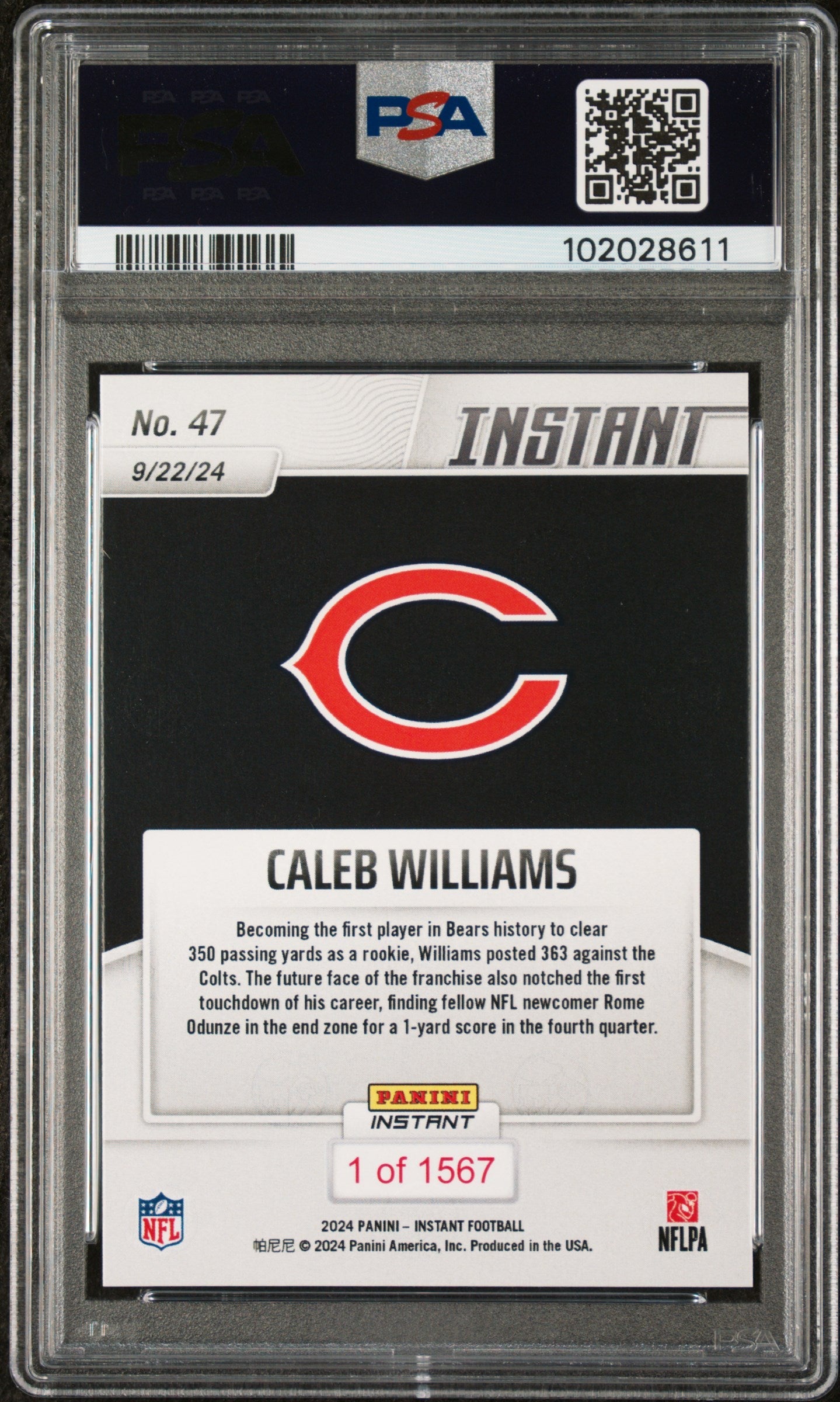 Graded 2024 Panini Instant NFL Caleb Williams #47 Rookie RC Football Card PSA 10 Gem Mint