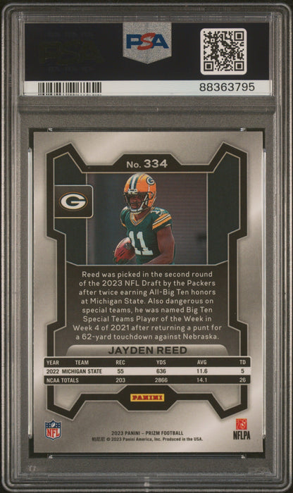 Graded 2023 Panini Prizm Jayden Reed #334 Rookie RC Football Card PSA 10 Gem Mint