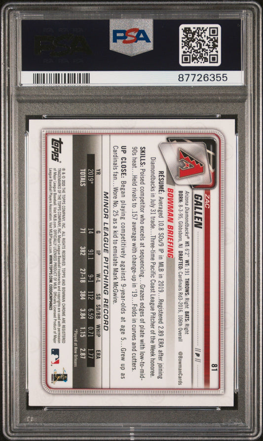 Graded 2020 Topps Bowman Chrome Zac Gallen #81 Rookie RC Baseball Card PSA 10 Gem Mint