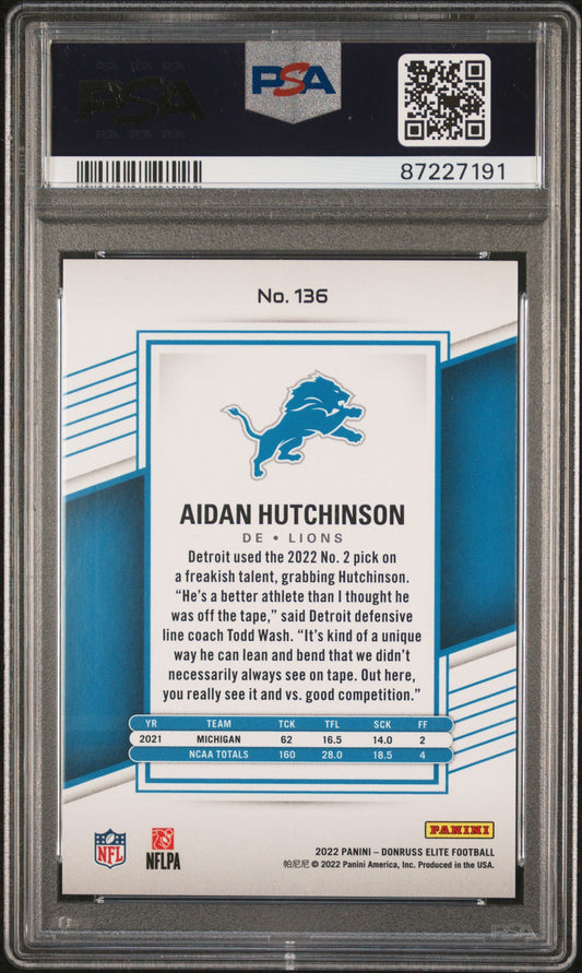 Graded 2022 Panini Donruss Elite Aidan Hutchinson #136 Aspirations Stars Rookie RC Football Card PSA 10