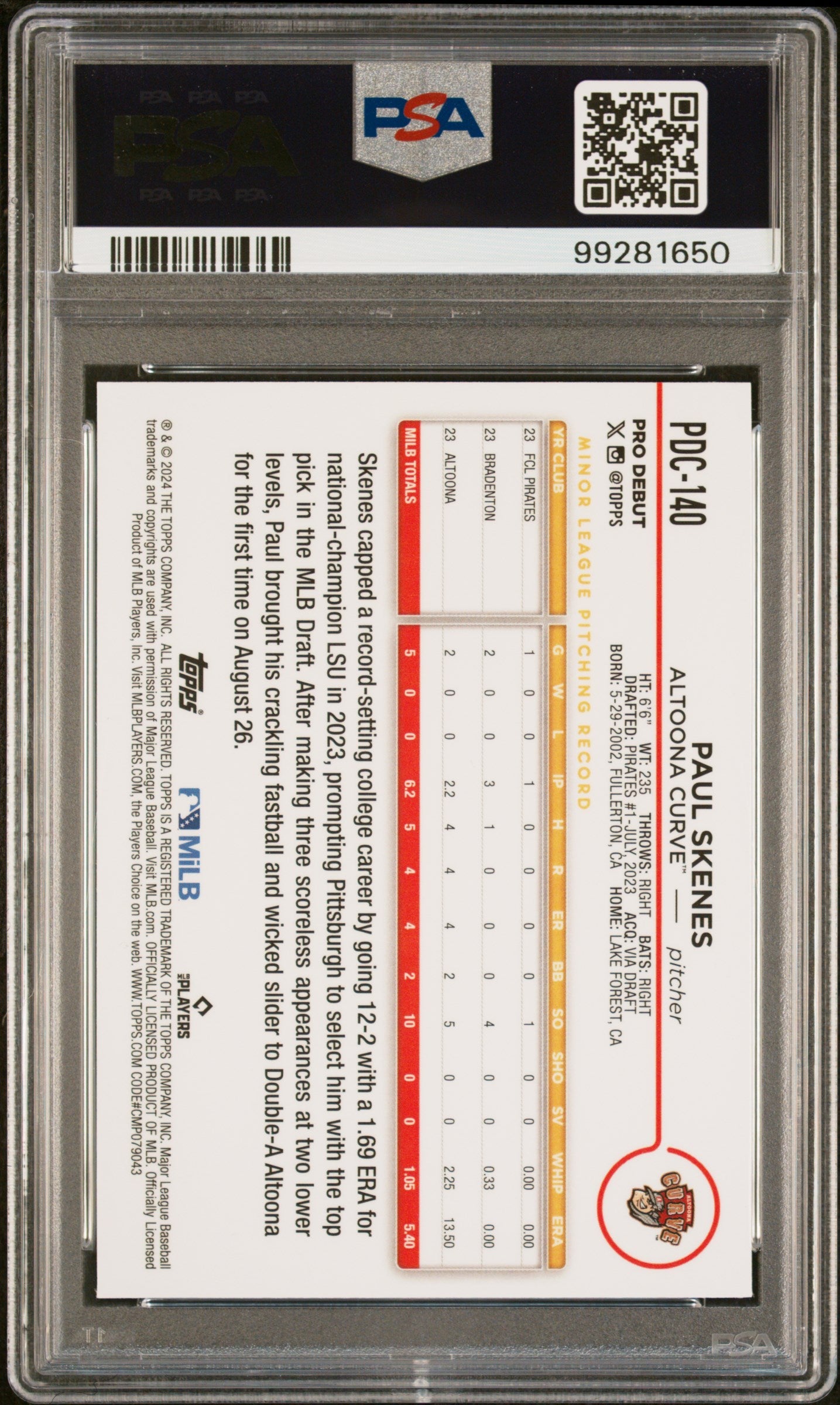 Graded 2024 Topps Pro Debut Paul Skenes #PDC140 Chrome Rookie RC Baseball Card PSA 9 Mint