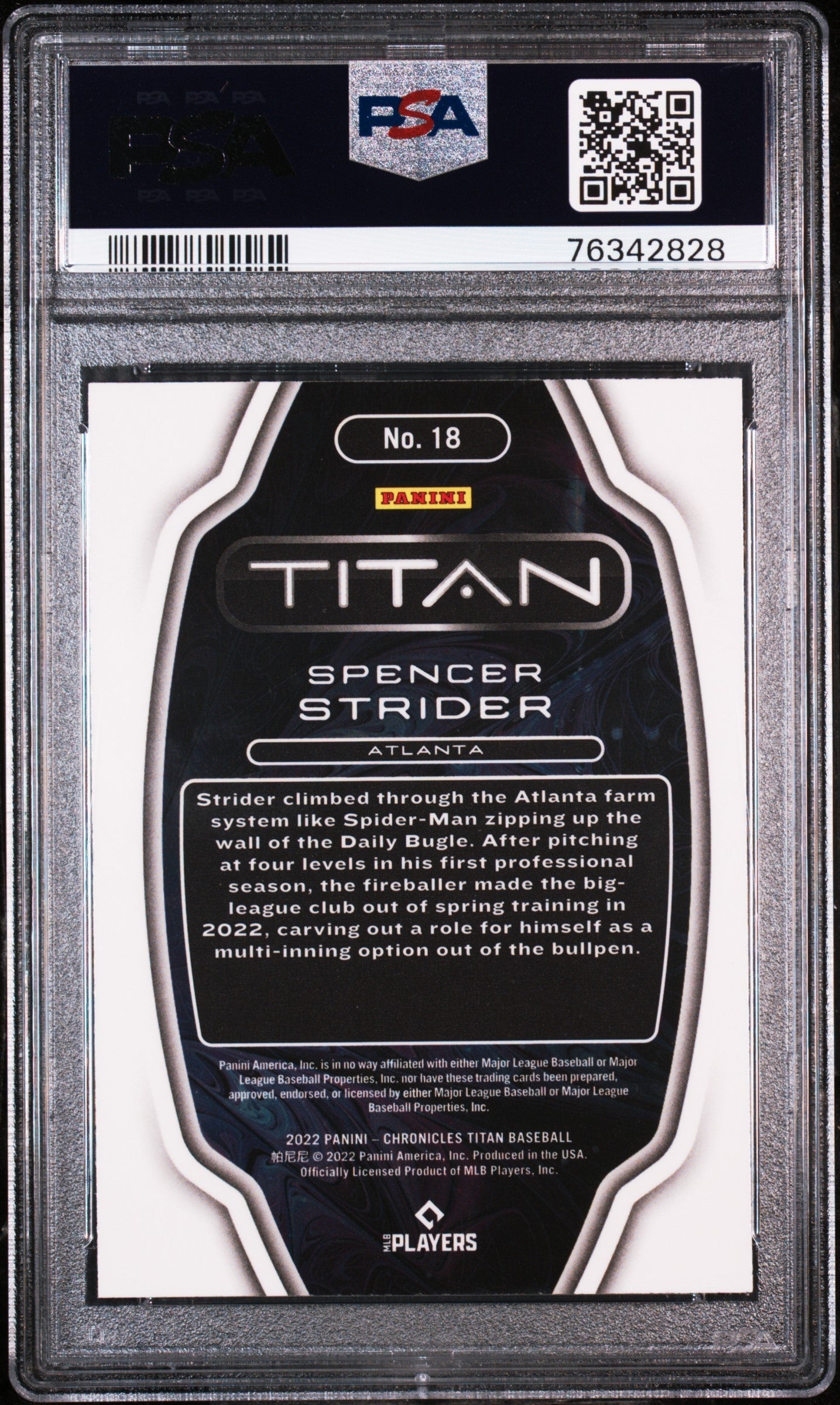 Graded 2022 Panini Chronicles Spencer Strider #18 Titan Rookie RC Baseball Card PSA 10 Gem Mint