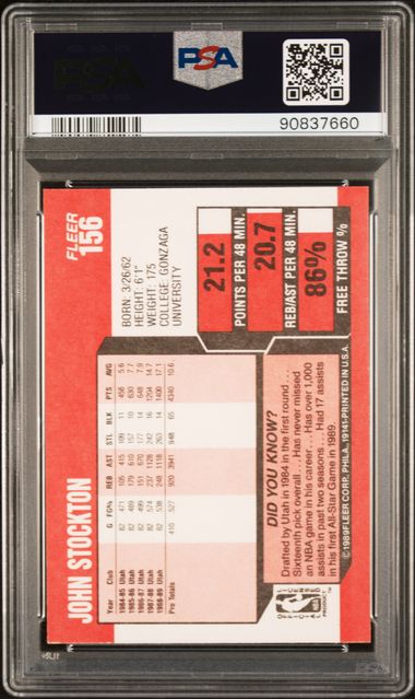 Graded 1989 Fleer John Stockton #156 2nd Year Basketball Card PSA 10 Gem Mint