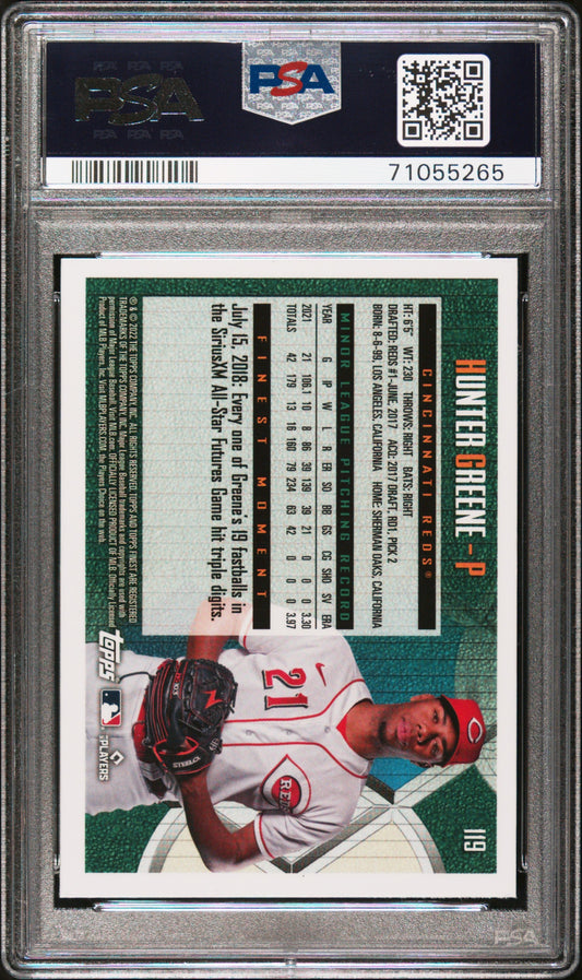 Graded 2022 Topps Finest Flashbacks Hunter Greene #119 Rookie RC Baseball Card PSA 10 Gem Mint