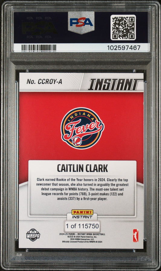 Graded 2024 Panini Instant WNBA Caitlin Clark #A Rookie of the Year Rookie RC Basketball Card PSA 9 Mint
