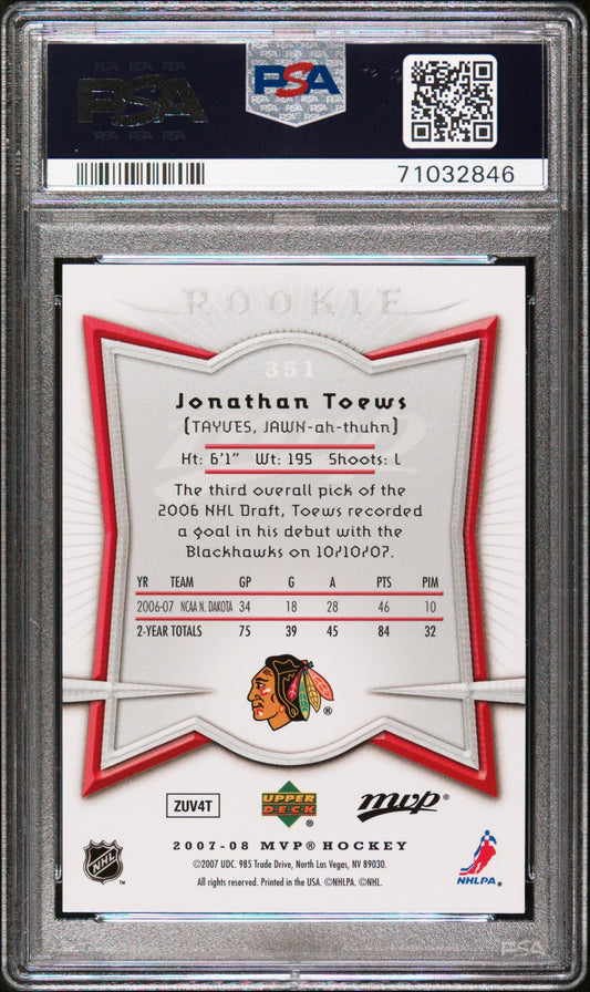 Graded 2007 Upper Deck MVP Jonathan Toews #351 Rookie RC Hockey Card PSA 10 Gem Mint