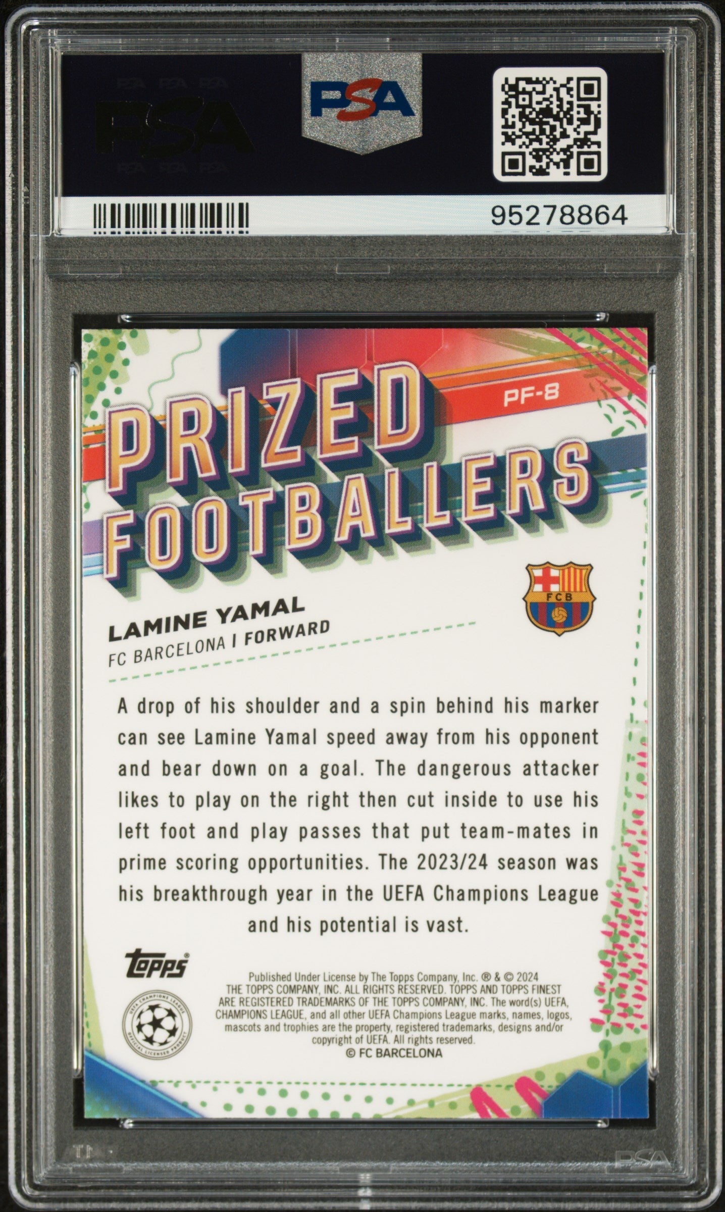 Graded 2023 Topps Finest UCC Lamine Yamal #PF8 Prized Footballers Rookie RC Soccer Card PSA 10 Gem Mint