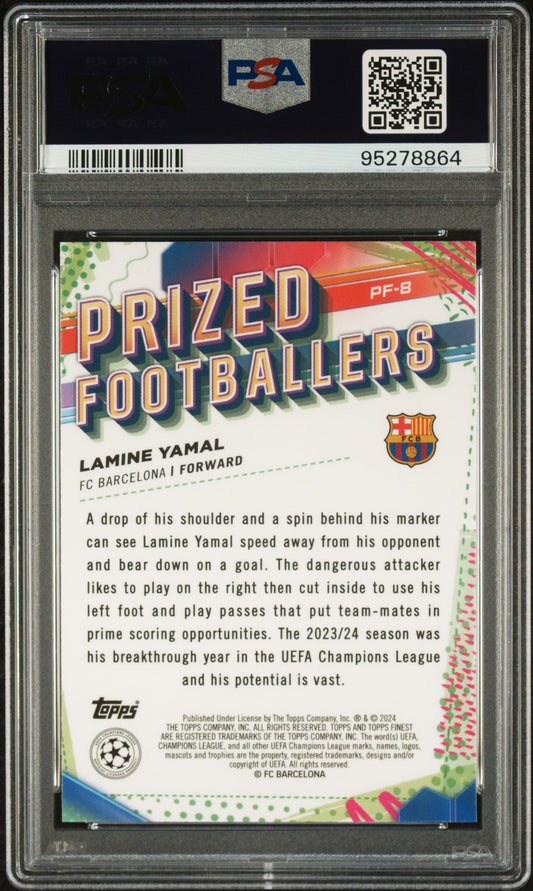 Graded 2023 Topps Finest UCC Lamine Yamal #PF8 Prized Footballers Rookie RC Soccer Card PSA 10 Gem Mint
