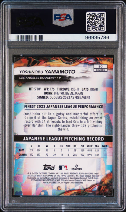 Graded 2024 Topps Finest Yoshinobu Yamamoto #50 Rookie RC Baseball Card PSA 10 Gem Mint