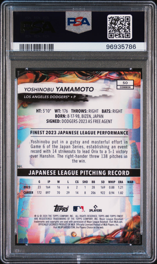 Graded 2024 Topps Finest Yoshinobu Yamamoto #50 Rookie RC Baseball Card PSA 10 Gem Mint