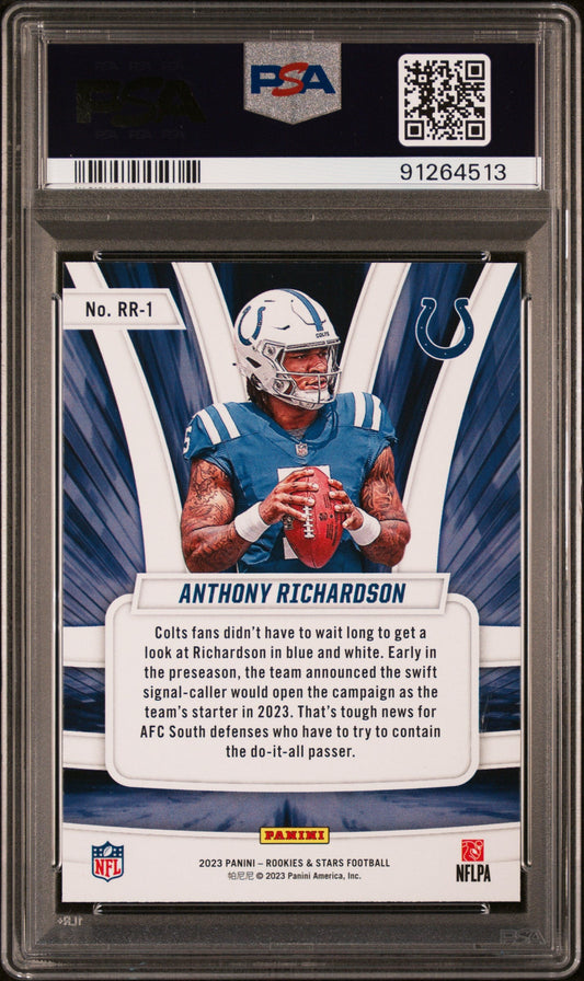 Graded 2023 Panini Rookies & Stars Anthony Richardson #RR1 Rookie Rush Rookie RC Football Card PSA 10 Gem Mint