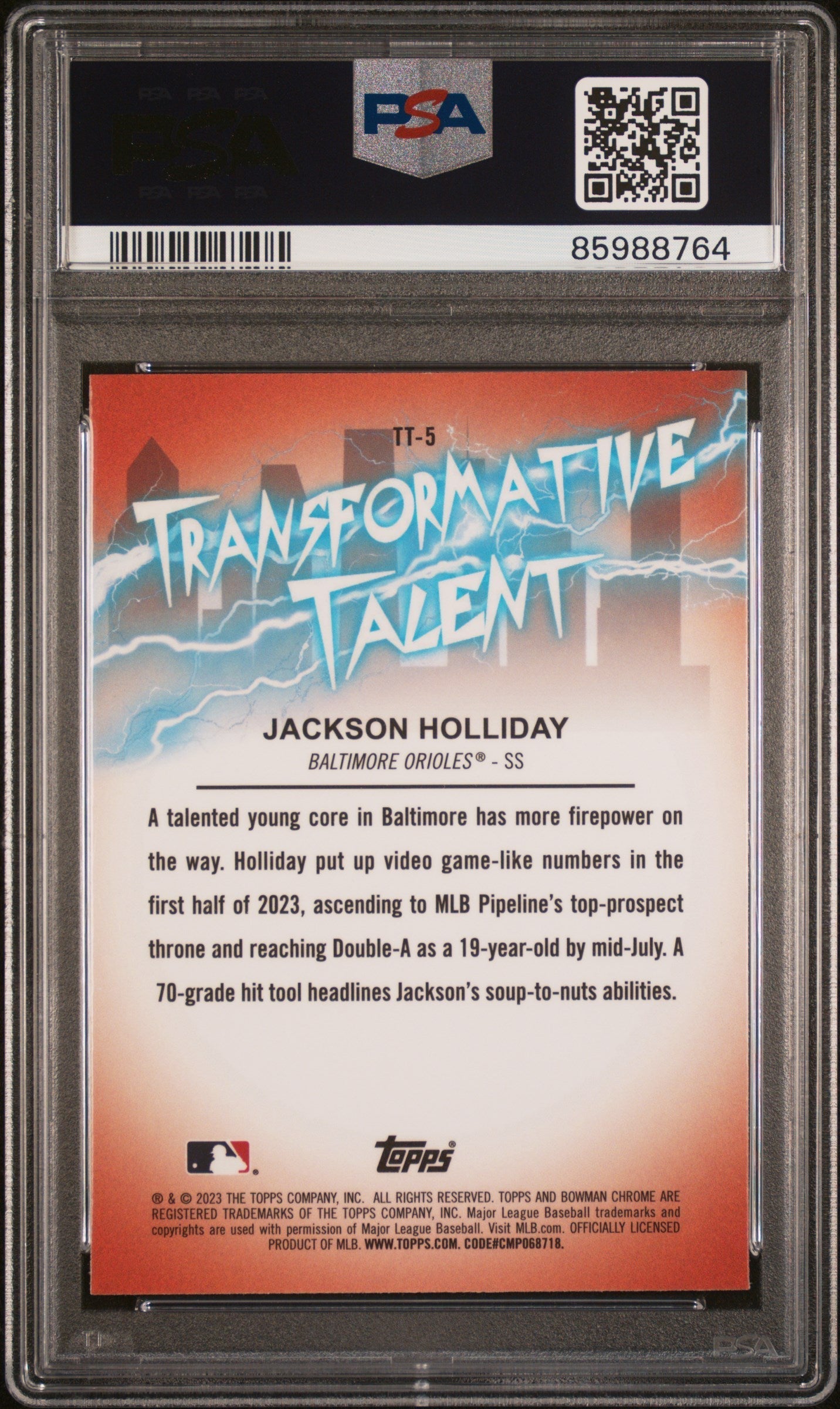 Graded 2023 Topps Bowman Draft Jackson Holliday #TT5 Transformative Talent Rookie RC Baseball Card PSA 10 Gem Mint
