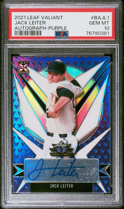 Graded 2021 Leaf Valiant Jack Leiter #BAJL1 Autograph Purple #/50 Rookie RC Baseball Card PSA 10 Gem Mint