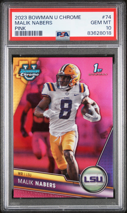Graded 2023 Topps Bowman U Chrome Malik Nabers #74 Pink Rookie RC Football Card PSA 10 Gem Mint