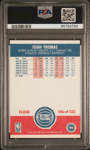 Graded 1987 Fleer Isiah Thomas #106 2nd Year Basketball Card PSA 9 Mint