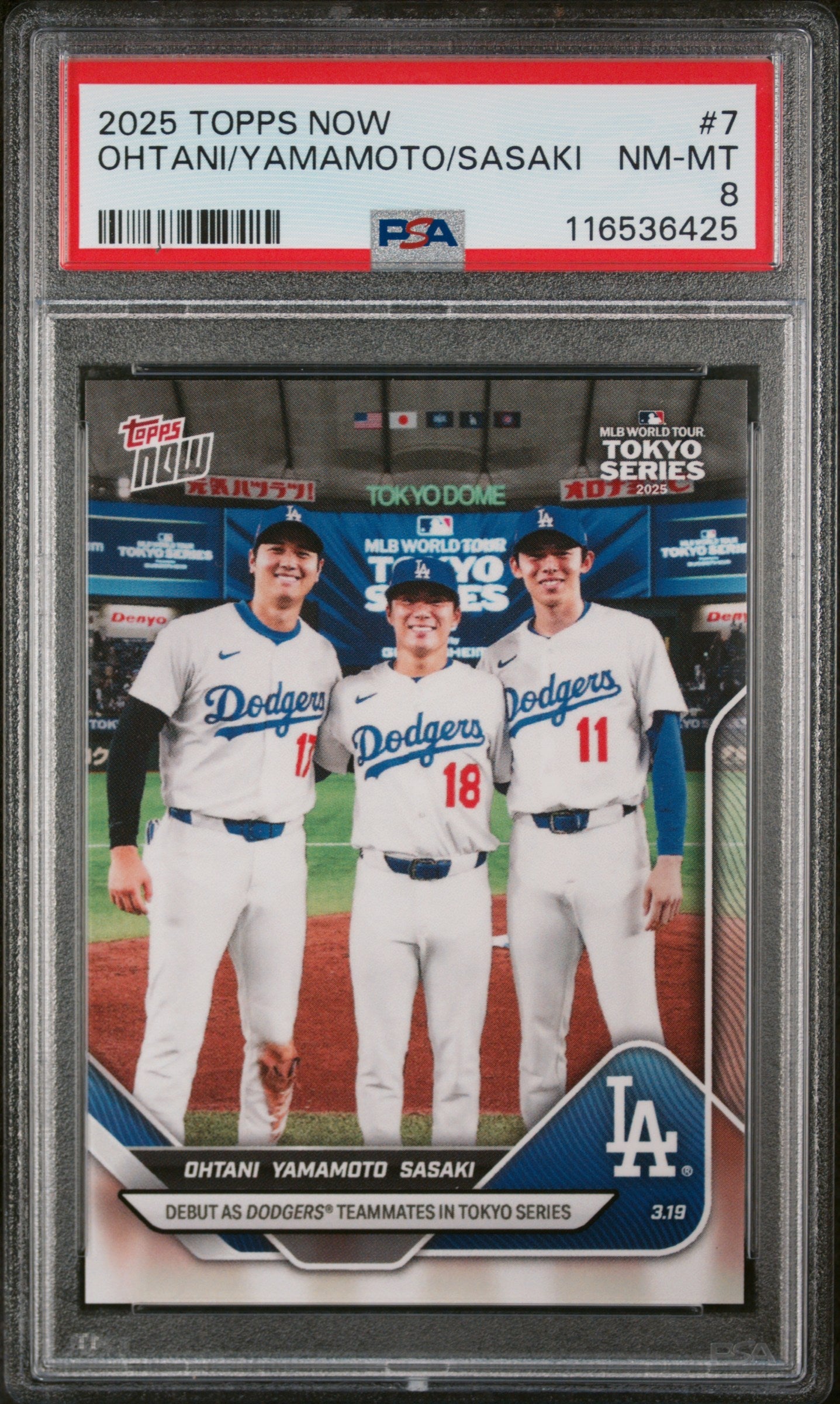 Graded 2025 Topps Now Shohei Ohtani/Yoshinobu Yamamoto/Roki Sasaki #7 Baseball Card PSA 8 Near Mint