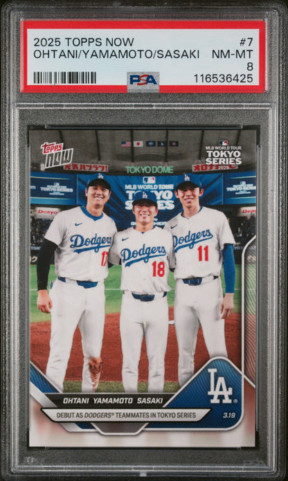 Graded 2025 Topps Now Shohei Ohtani/Yoshinobu Yamamoto/Roki Sasaki #7 Baseball Card PSA 8 Near Mint