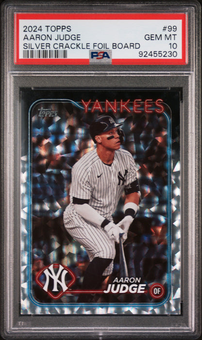 Graded 2024 Topps Aaron Judge #99 Silver Crackle Foil Board Baseball Card PSA 10 Gem Mint