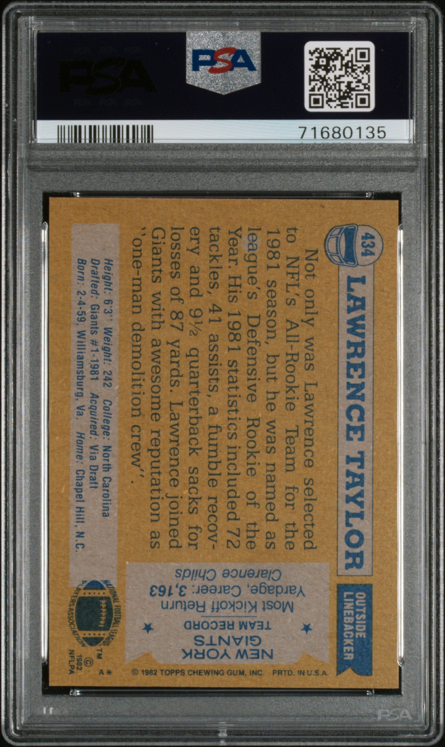 Graded 1982 Topps Lawrence Taylor #434 Rookie RC Football Card PSA 8 Near Mint-Mint