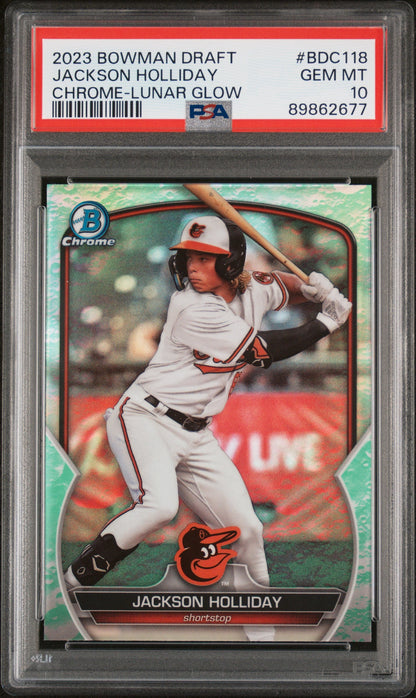 Graded 2023 Topps Bowman Draft Jackson Holliday #BDC118 Chrome Lunar Glow Rookie RC Baseball Card PSA 10 Gem Mint