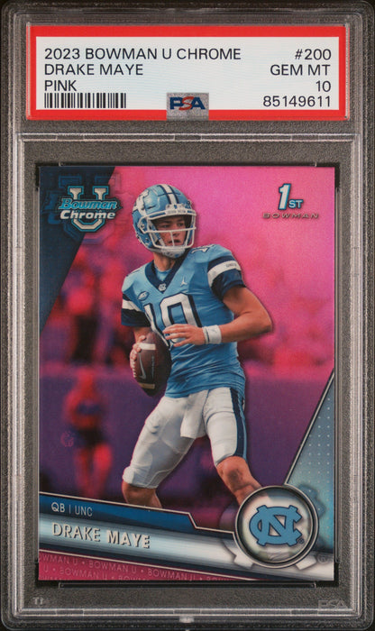 Graded 2023 Topps Bowman U Chrome Drake Maye #200 Pink Rookie RC Football Card PSA 10 Gem Mint
