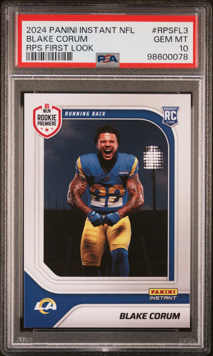 Graded 2024 Panini Instant NFL Blake Corum #RPSFL3 RPS First Look Rookie RC Football Card PSA 10 Gem Mint