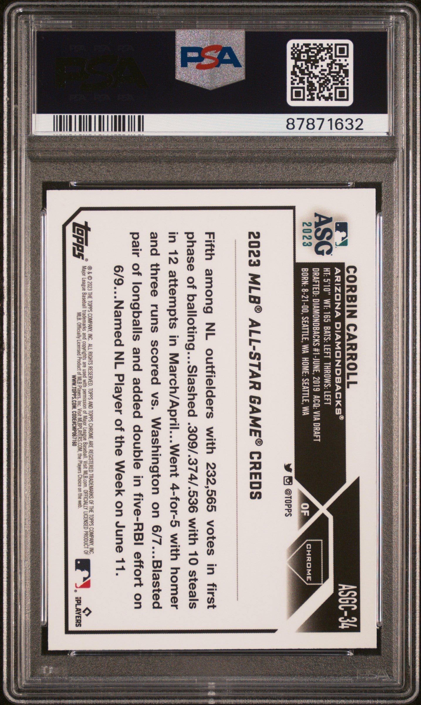 Graded 2023 Topps Chrome Update Corbin Carroll #34 2023 All Star Game Rookie RC Baseball Card PSA 10 Gem Mint