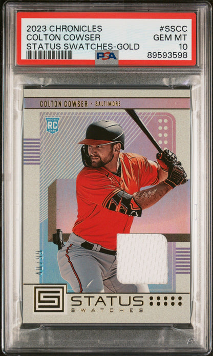 Graded 2023 Panini Chronicles Colton Cowser #SSCC Status Swatches Gold #/99 Rookie RC Baseball Card PSA 10 Gem Mint